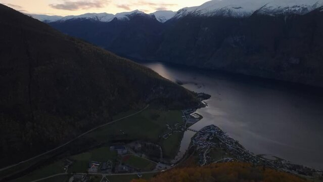 aerial view of Aurlandsfjord fjord during sunset at stegastein view point in norway