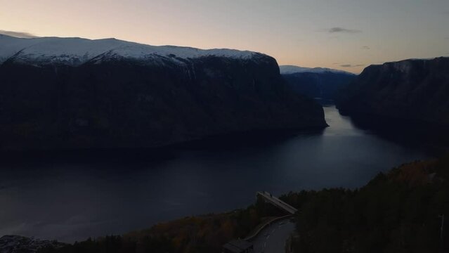 aerial view of Aurlandsfjord fjord during sunset at stegastein view point in norway