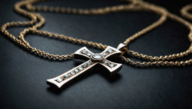  a close up of a cross on a black surface with a chain on the bottom of the cross and a diamond on the top of the cross on the bottom of the cross.