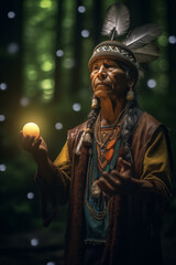 In the heart of a moonlit forest a native shaman invokes the spirits