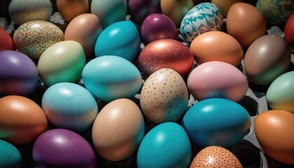 a pile of different colored eggs sitting on top of each other on top of a cardboard box with confetti sprinkles on the top of the eggs.