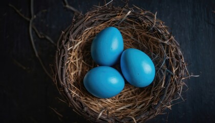  three blue eggs sit in a nest on a black wooden surface, with a dark background, in the center of the image is a straw nest with three blue eggs.