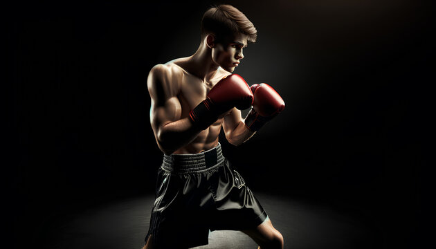An image of a young, athletic boxer poised and ready for action, set against a black background, Generative AI