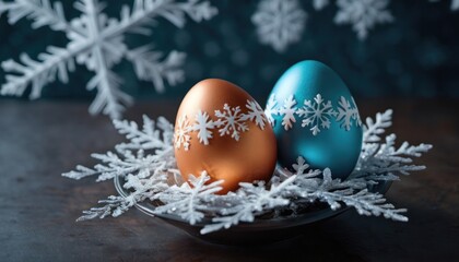 Fototapeta na wymiar two blue and orange eggs in a bowl on a table with snowflakes on the table and behind them is a snowflaken of white snowflakes.