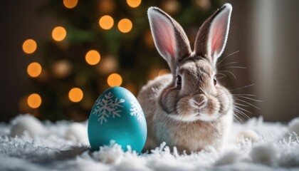  a rabbit sitting in front of a christmas tree with a snowflake ornament on it's side and a blue egg in the foreground with a snowflaked christmas tree in the background.