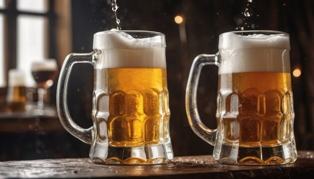  two mugs of beer sitting on top of a table next to each other with bubbles coming out of one of the mugs and another mugs in the other.