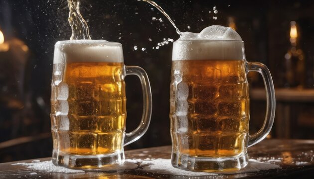  two mugs of beer being poured into each other with ice on a wooden table in front of a dark room with candles and a black wall with lights in the background.