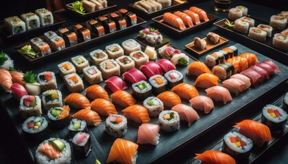  a table topped with lots of different types of sushi on top of a black table covered in lots of different types of sushi on top of sushi.