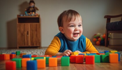  a smiling baby laying on the floor surrounded by blocks of colored plastic blocks and a teddy bear sitting on a chair in the corner of the room next to the child's bed.