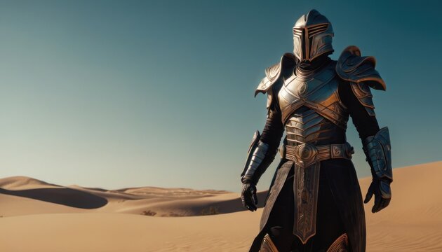  a man dressed in armor standing in the middle of a desert with sand dunes in the background and a blue sky in the middle of the middle of the image.