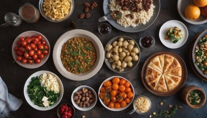  a table topped with plates of food and bowls filled with different types of pasta and veggies next to glasses of wine and a bowl of nuts and oranges.