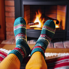 Feet in woollen socks by the Christmas fireplace. Men relaxes by warm fire warming up her feet in woollen socks. Close up on feet. Winter and Christmas holidays concept.