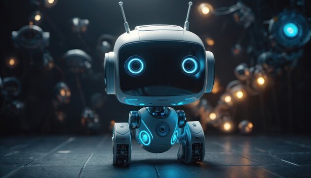  a robot with glowing eyes standing in front of a wall of shiny balls and lights in a dark room with a black floor and a black background with blue lights.