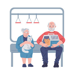 Elderly couple with pets going by public transport vector illustration.