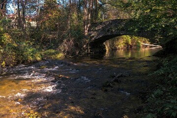 Old stone bridge in the forest over the river