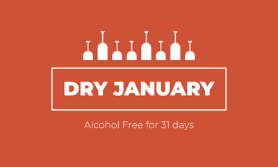 Dry January banner with overturned wine glasses border and text in frame. Alcohol free month challenge graphic concept. Vector illustration on red background. - obrazy, fototapety, plakaty