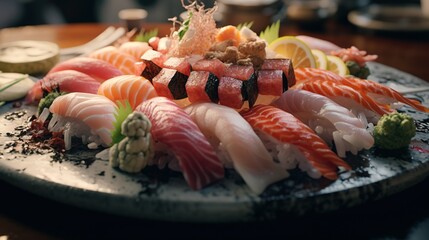 Sushi and sashimi on plate
