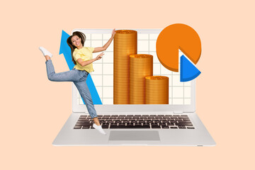 Artwork collage of excited mini girl big laptop screen pile stack money coins growing arrow upwards...