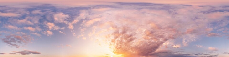 Sunset sky panorama with bright glowing pink Cumulus clouds. HDR 360 seamless spherical panorama. Full zenith or sky dome in 3D, sky replacement for aerial drone panoramas. Climate and weather change.