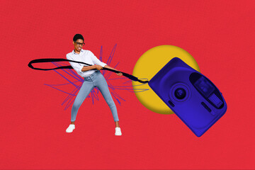 Collage picture of mini person struggle arms hold pull huge retro photo camera isolated on painted...