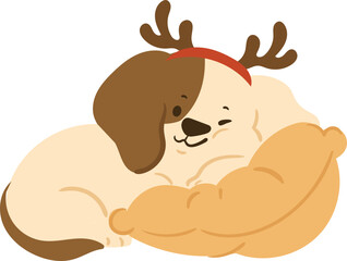 Cute dog with reindeer headband and pillow element vector