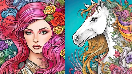 Illustration of magical mythical creatures, beautiful princess and cartoon unicorn with fantasy elements for greeting cards, theme party invitations, outline for coloring book - obrazy, fototapety, plakaty