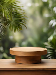 Wooden small podium with tropical leaves on blurred and closeup background 