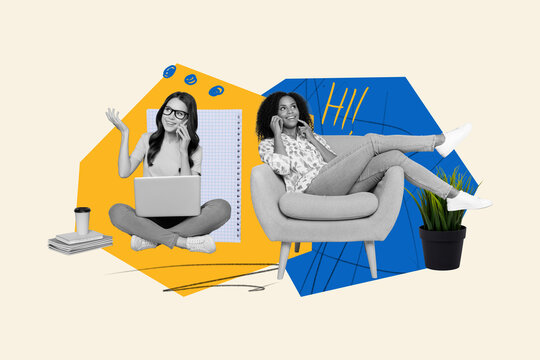 Composite collage picture of two black white colors cheerful girls speak telephone sit chair study use netbook isolated on creative background