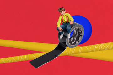 Collage picture of excited cheerful mini boy sitting big sticky electrical tape isolated on painted red background