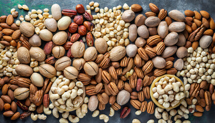 A blend of various nuts and seeds, featuring raw pecans, hazelnuts, walnuts, pistachios, almonds, macadamia, cashews, peanuts, and more
