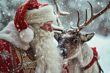 Santa Claus con reno en un bosque de pinos con mucha nieve - obrazy, fototapety, plakaty