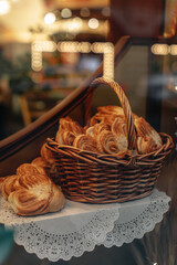 Twisted sweet baked bread buns in a wicker basket. Bakery shop counter