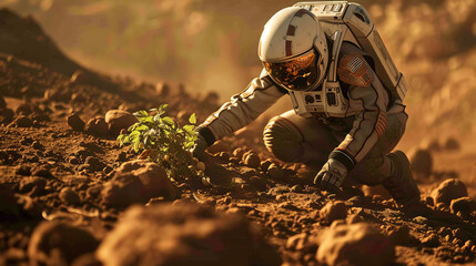 An astronaut in a spacesuit harvests potatoes on a distant planet. The concept of colonization of space planets.