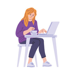 Freelance lifestyle benefits of remote job, freelancer woman enjoy working or studying at the laptop and snacking vector