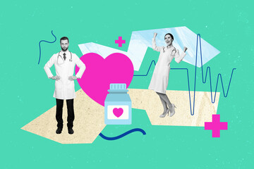 Creative trend collage of positive doctors celebrate heart medicament recipe healthy patient freak...