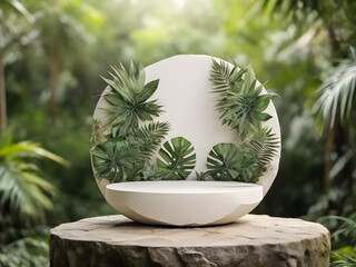 white Stone round small podium with tropical leaves on forest blurred and close-up background