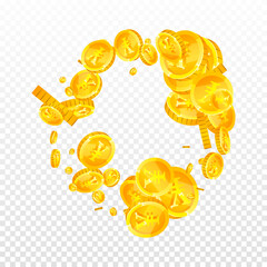 Chinese yuan coins falling. Scattered gold CNY