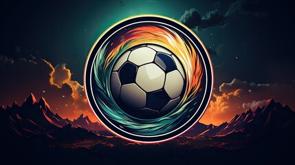 Football sport logo, isolated modern emblem with flying ball on sunset background, decorative club badge suitable for championship or team - obrazy, fototapety, plakaty