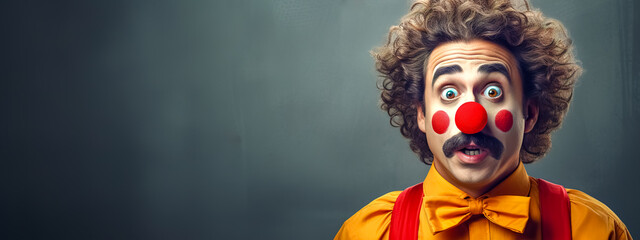 clown with an astonished expression, wearing a yellow shirt with a red bow, against a neutral background, capturing a moment of surprise or comedic shock