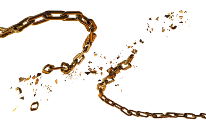 Fotobehang chain breaking break in pieces parts isolated golden crisis, pressure freedom, escape - 3d rendering © sea and sun