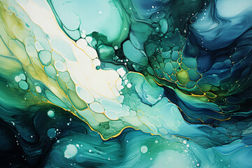 Green light abstract fluid art painting in liquid ink technique for background.  Generative Ai