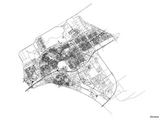 Almere city map with roads and streets, Netherlands. Vector outline illustration.