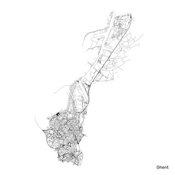 Ghent city map with roads and streets, Belgium. Vector outline illustration.