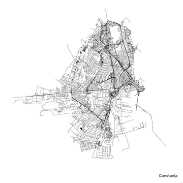 Constanta city map with roads and streets, Romania. Vector outline illustration.