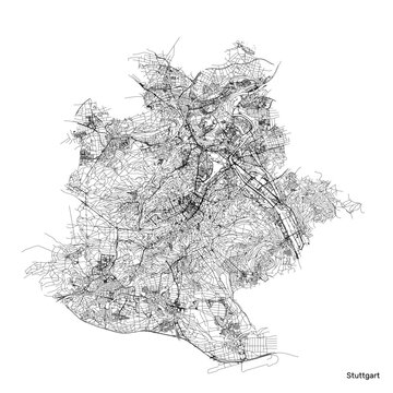 Stuttgart city map with roads and streets, Germany. Black and white. Vector outline illustration.