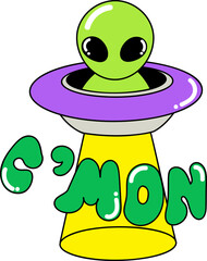 Groovy alien character with spaceship illustration