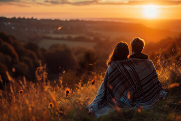 Couple Watches The Sunset From The Top Of Hill, Wrapped In Blanket