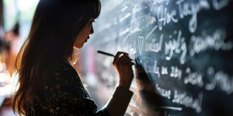 Foreign Language Teacher Writes Vocabulary On Blackboard