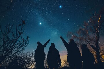 Group Of Friends Stargazes And Points At Constellations In Dark Sky Park