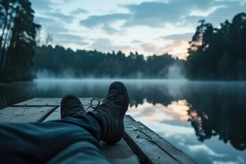 Person Sits On Dock, Feet Dangling Over Quiet Lake, Fishing At Dawn